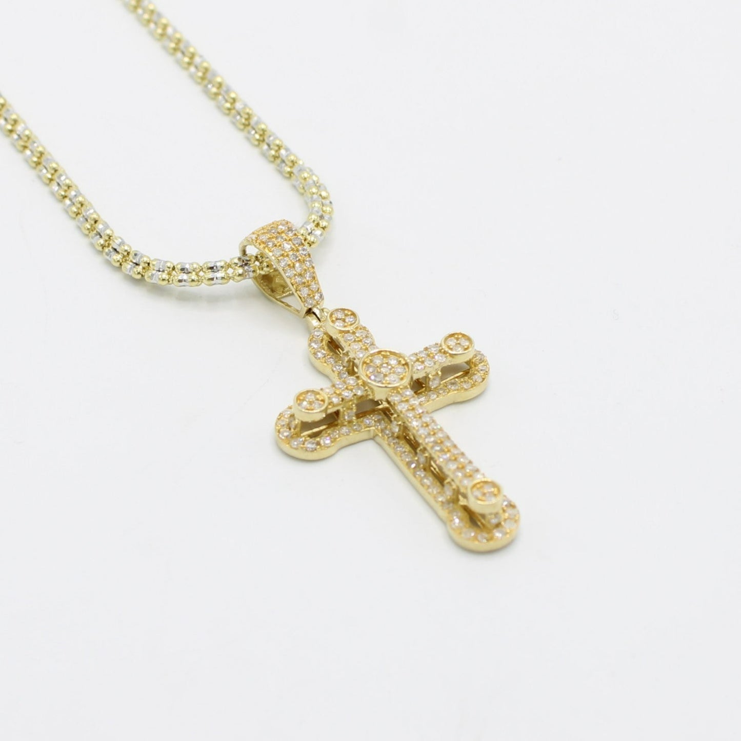 14K VS Diamond Cross Pendant With Ice Chain Yellow Gold