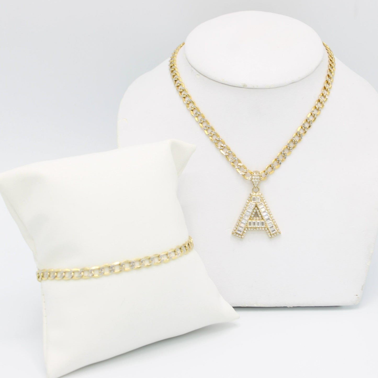 14K Initial Name Pendant Cz Stones With Flat Cuban Chain Two Tones Yellow Gold