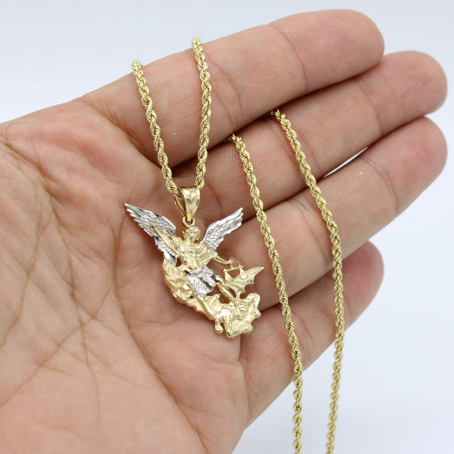 14K San Miguel Pendant Two Tones With Rope Chain Yellow Gold