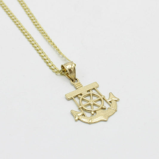 14K Anchor Pendant  With Flat Cuban Chain Yellow Gold