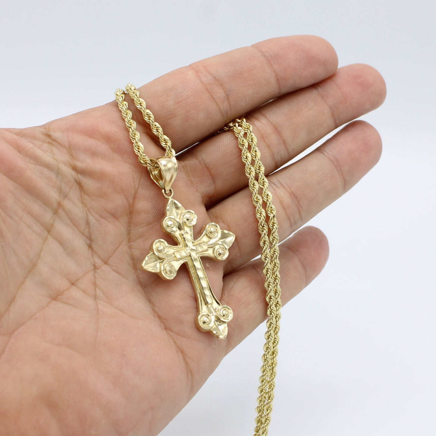 14K Cross Pendant With Rope Chain Yellow Gold