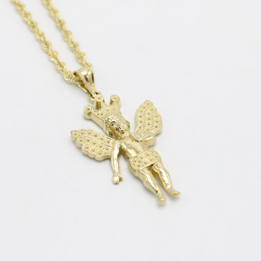 14K Angel Pendant With Rope Chain Yellow Gold