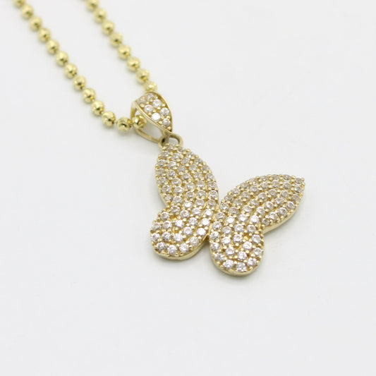 14K Butterfly Pendant Cz Stones With Moon Cut Chain Yellow Gold