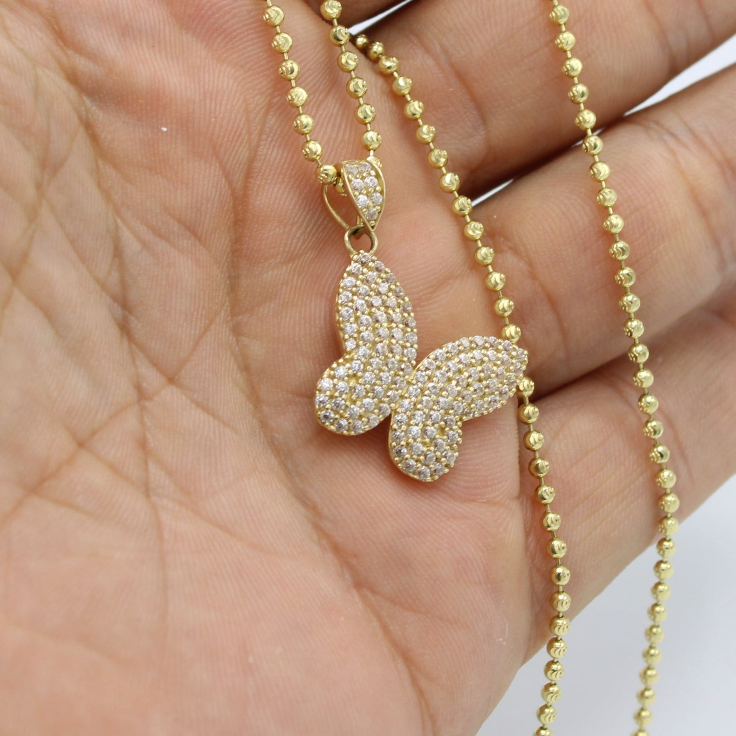 14K Butterfly Pendant Cz Stones With Moon Cut Chain Yellow Gold