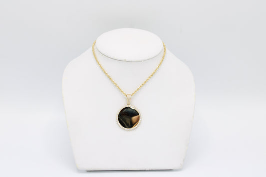 14K Round Picture Pendant Cz Stones With Rope Chain Yellow gold