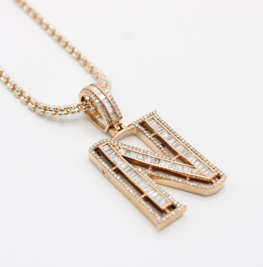 14K VS Diamond / Baguette Initial Name Letter Pendant With Ice Chain Rose Gold