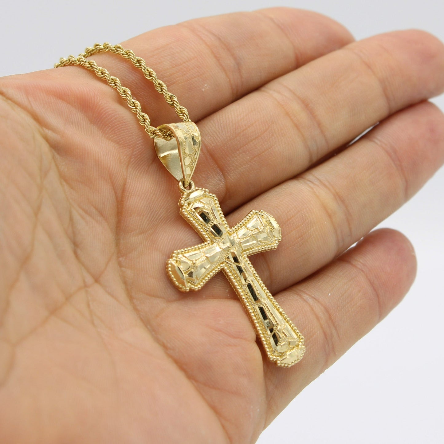 14K Cross Pendant  With Rope Chain Yellow Gold