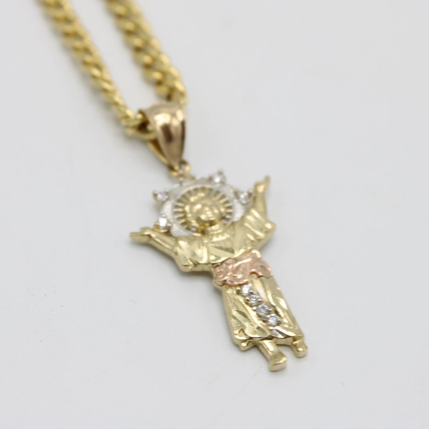 14K Divino Nino Pendant Three Tones with Miami Cuban Chain Yellow Gold