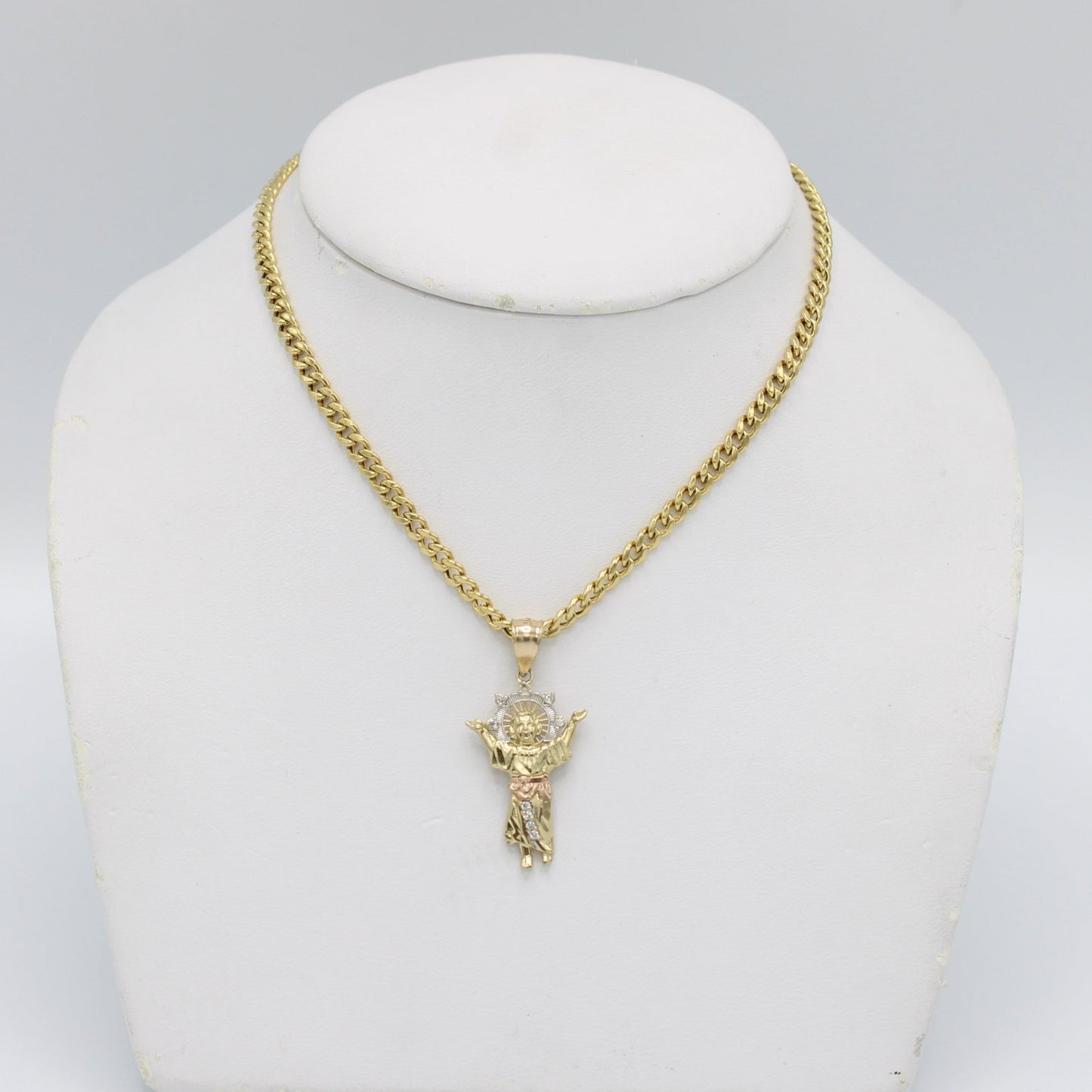14K Divino Nino Pendant Three Tones with Miami Cuban Chain Yellow Gold