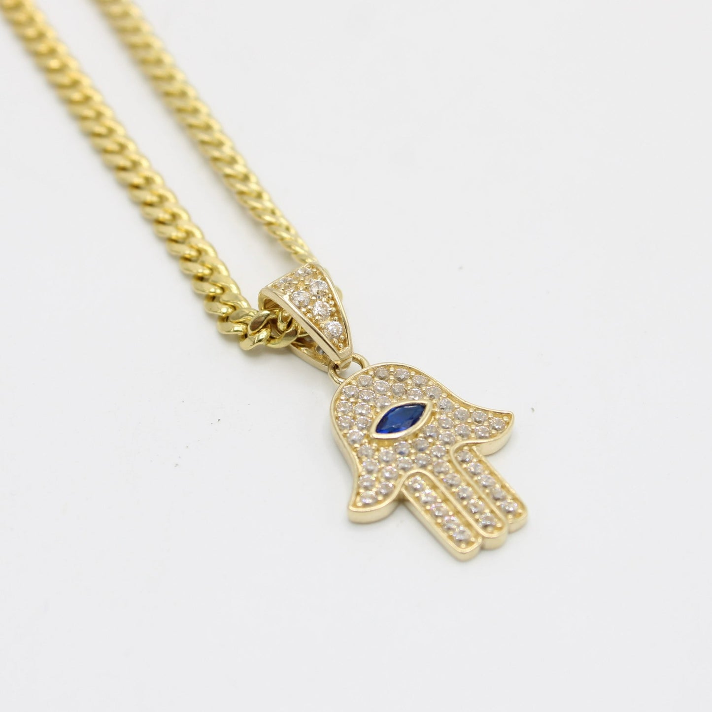 14K Hamsa Pendant Cz Stones with Miami Cuban Chain Yellow Gold