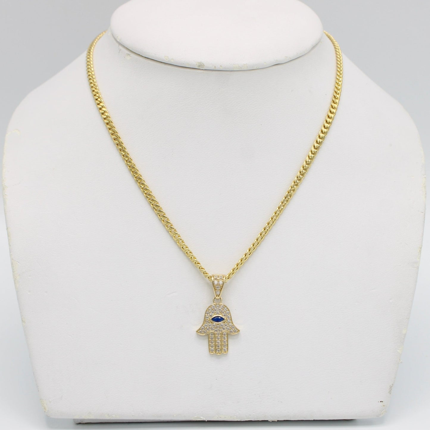 14K Hamsa Pendant Cz Stones with Miami Cuban Chain Yellow Gold