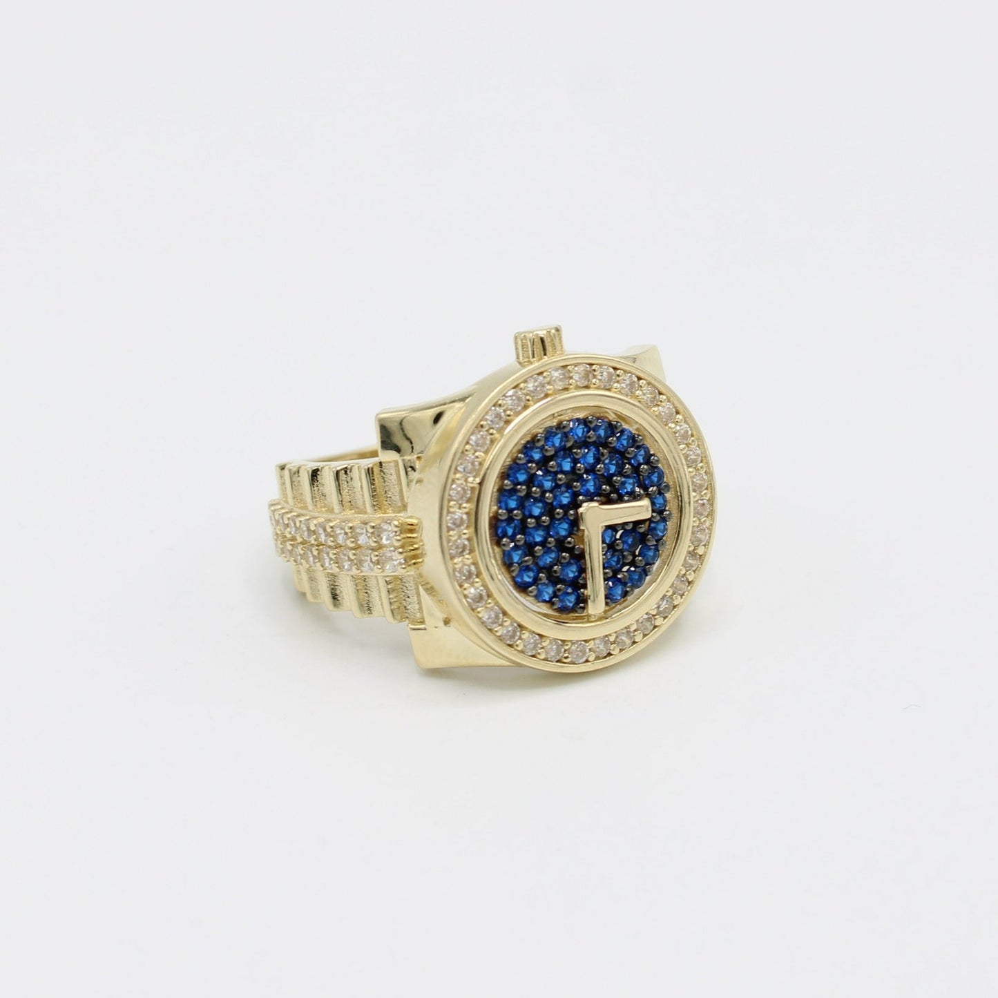 14K Watch Dising Men's Ring Cz Stones ( Blue Stones ) Yellow Gold