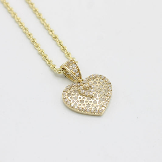 14K Heart Pendant Cz Stones With Rope Chain Yellow Gold