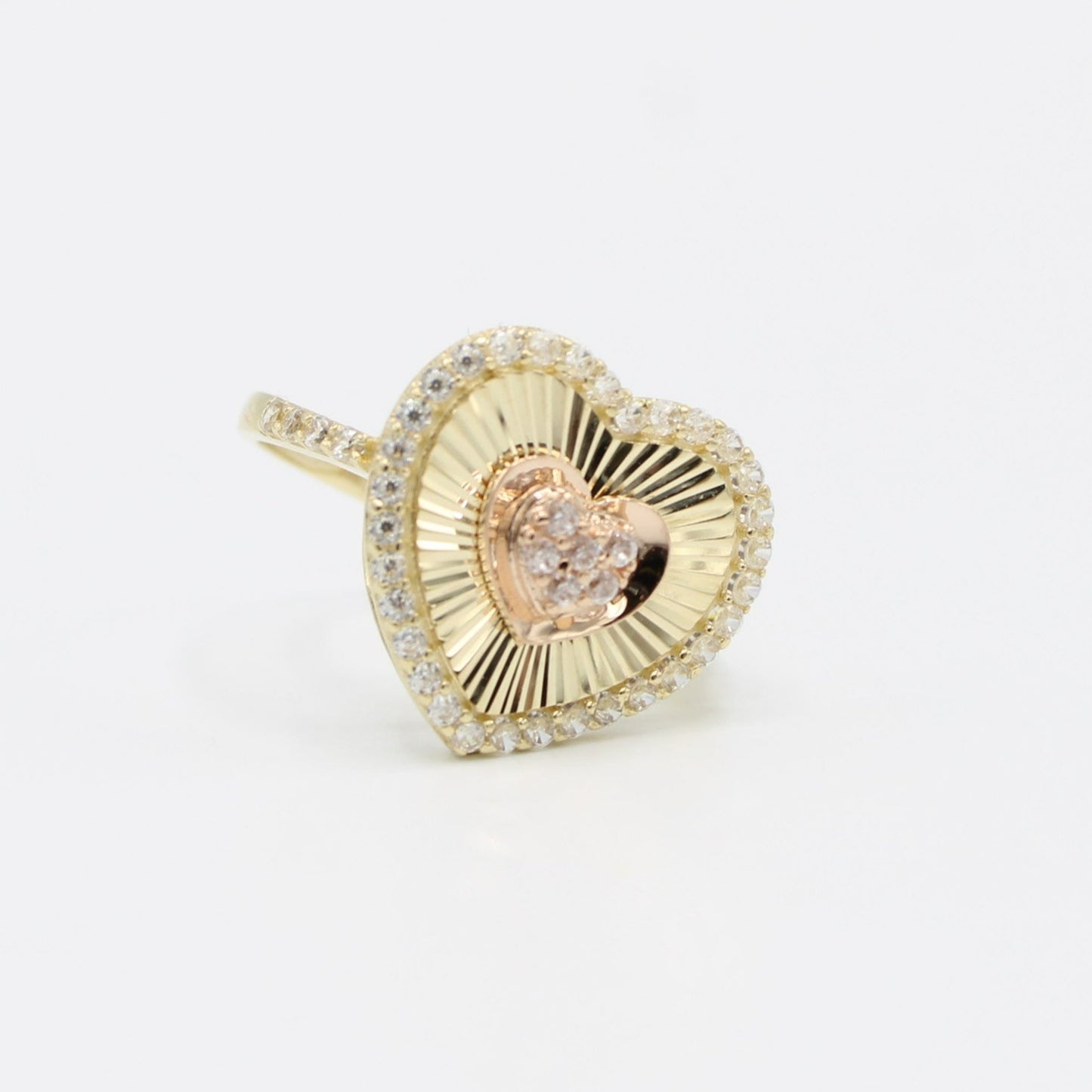 14K Heart  Women's Ring Cz StonesTwo Tones Yellow Gold