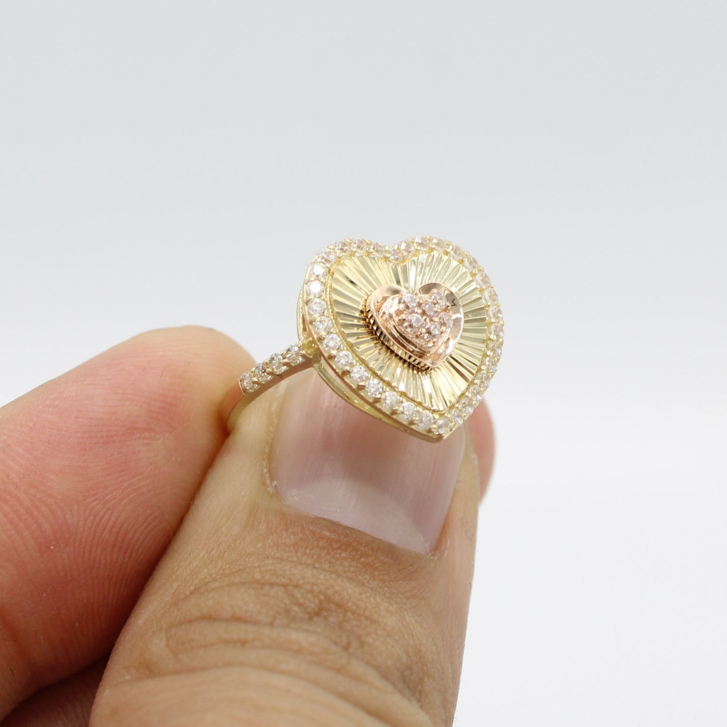 14K Heart  Women's Ring Cz StonesTwo Tones Yellow Gold