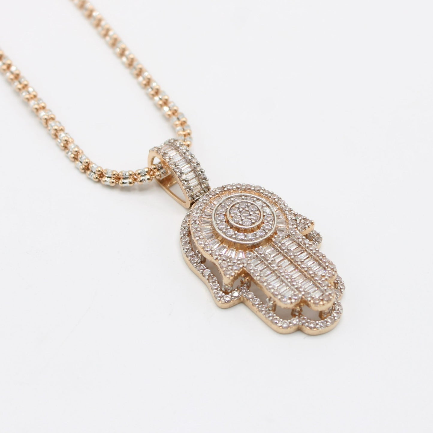 14K Hamsa Pendant Cz Stones with Ice Chain Rose Gold