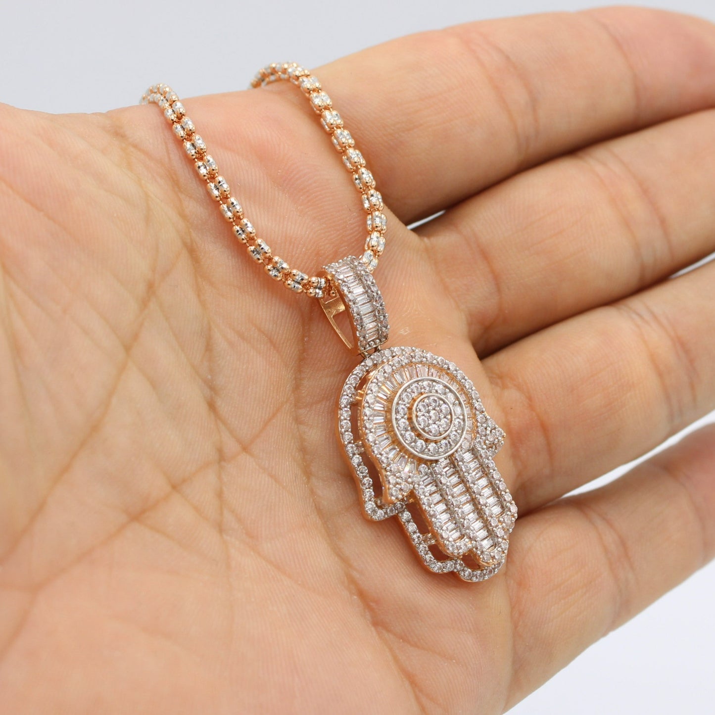 14K Hamsa Pendant Cz Stones with Ice Chain Rose Gold