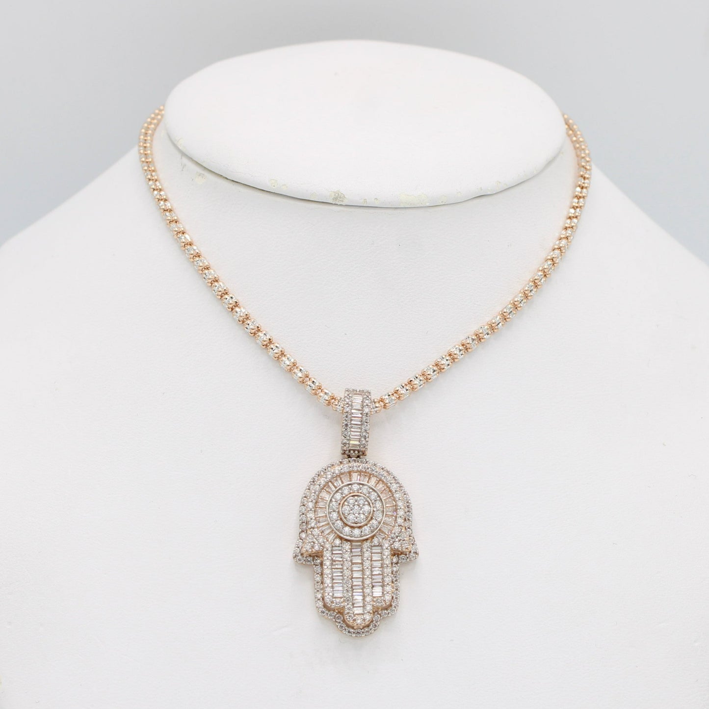 14K Hamsa Pendant Cz Stones with Ice Chain Rose Gold
