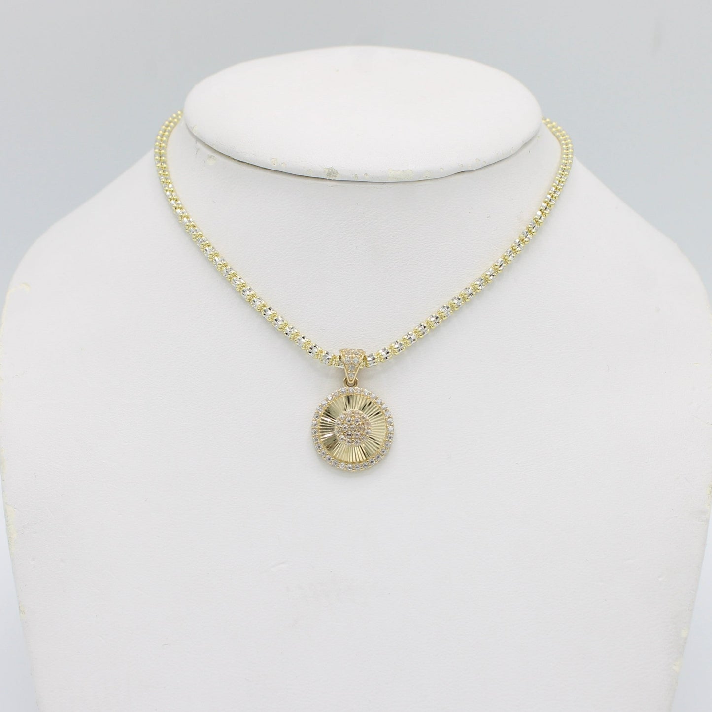 14K Round Pendant Cz Stones with Ice Chain Yellow Gold