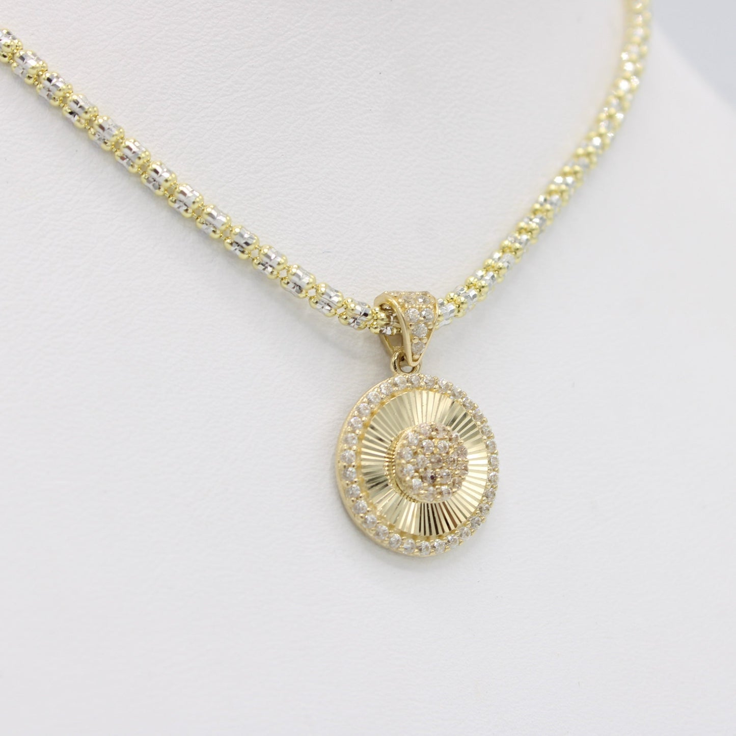 14K Round Pendant Cz Stones with Ice Chain Yellow Gold