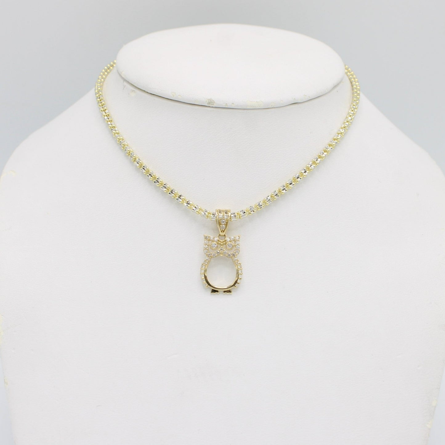 14K Owl Pendant Cz Stones with Ice Chain Yellow Gold