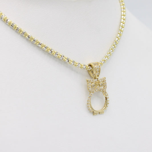 14K Owl Pendant Cz Stones with Ice Chain Yellow Gold