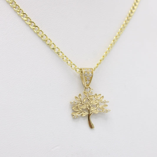 14K Tree Pendant Cz Stones with Cuban Chain Yellow Gold