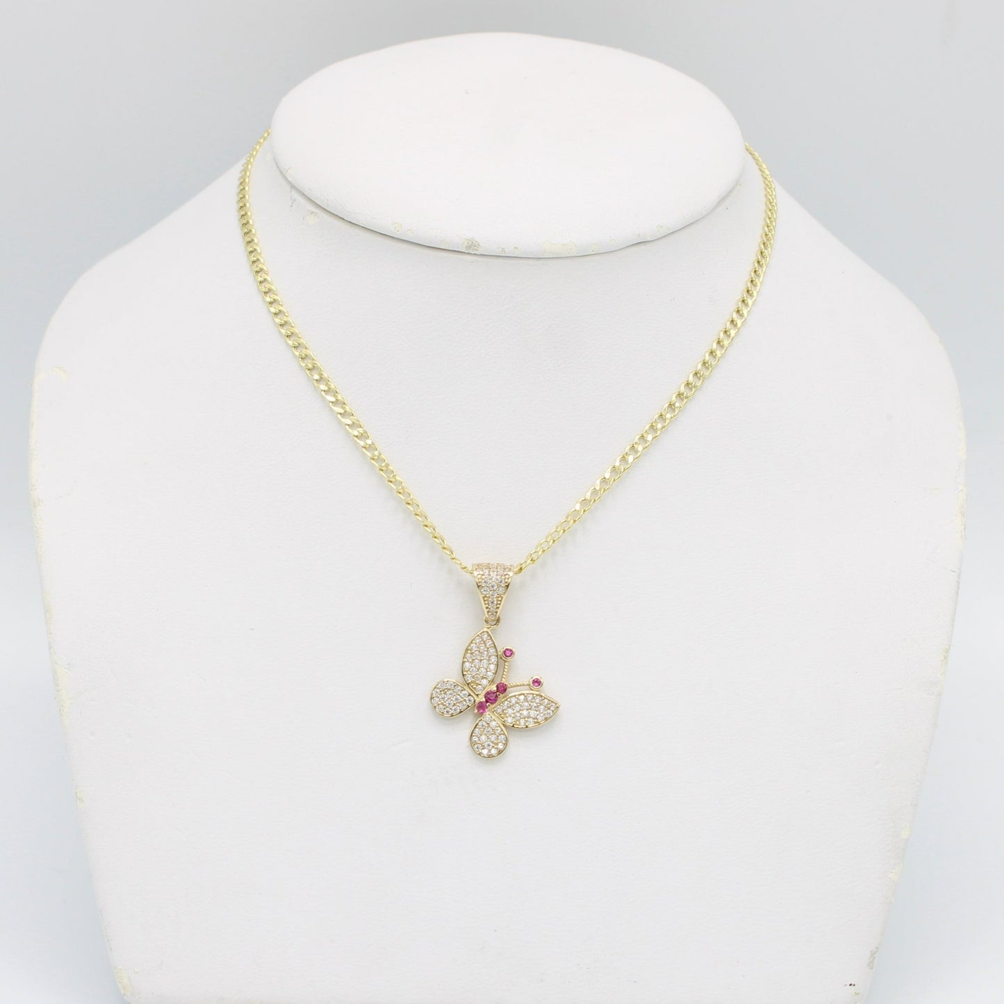 14K Butterfly Pendant Cz Stones with Cuban Chain Yellow Gold