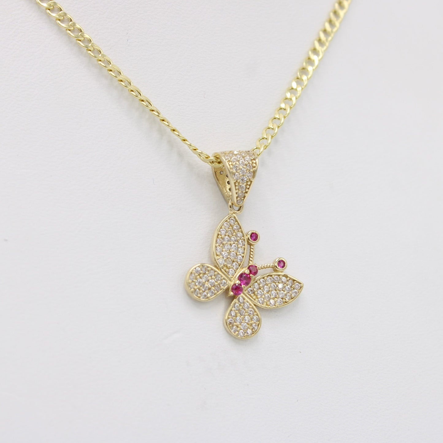 14K Butterfly Pendant Cz Stones with Cuban Chain Yellow Gold