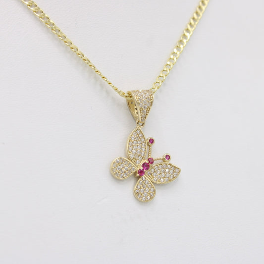 14K Butterfly Pendant Cz Stones with Cuban Chain Yellow Gold