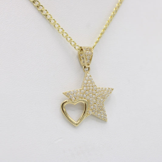 14K Star / Heart Pendant Cz Stones with Cuban Chain Yellow Gold