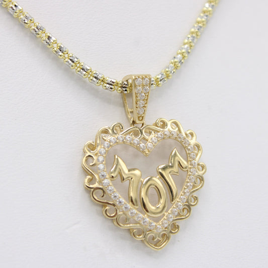 14K Heart Pendant Cz Stones with Ice Chain Yellow Gold