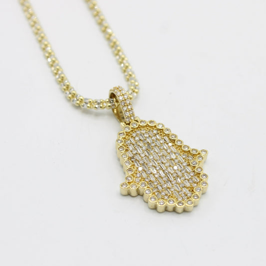 VS Diamond / Baguette Hamsa Pendant with Ice Chain Yellow Gold