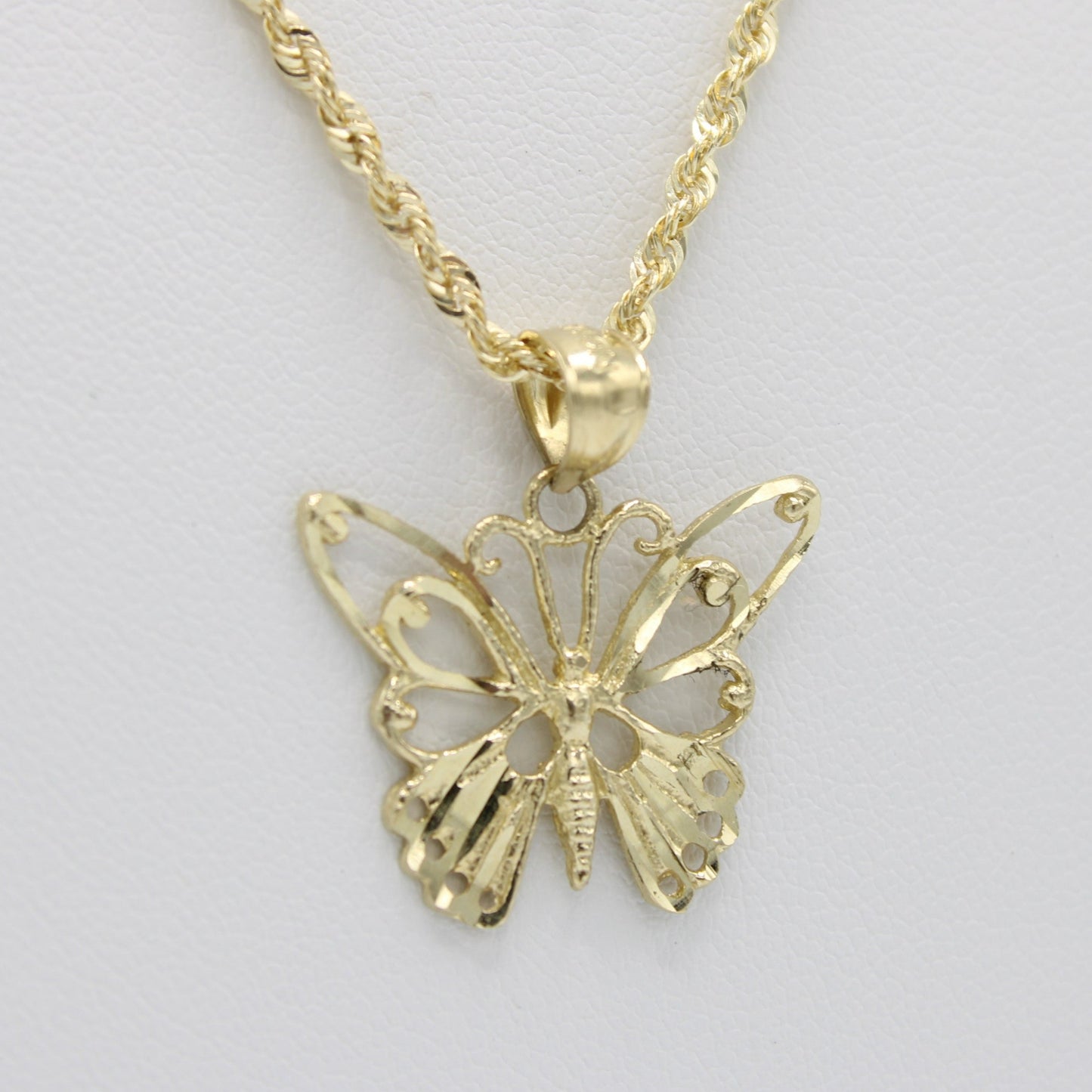 14K Butterfly Pendant with Rope Chain Yellow Gold