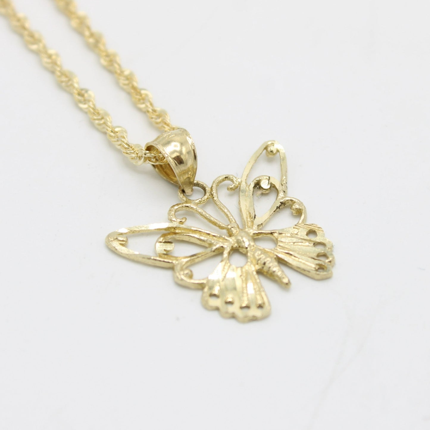 14K Butterfly Pendant with Rope Chain Yellow Gold