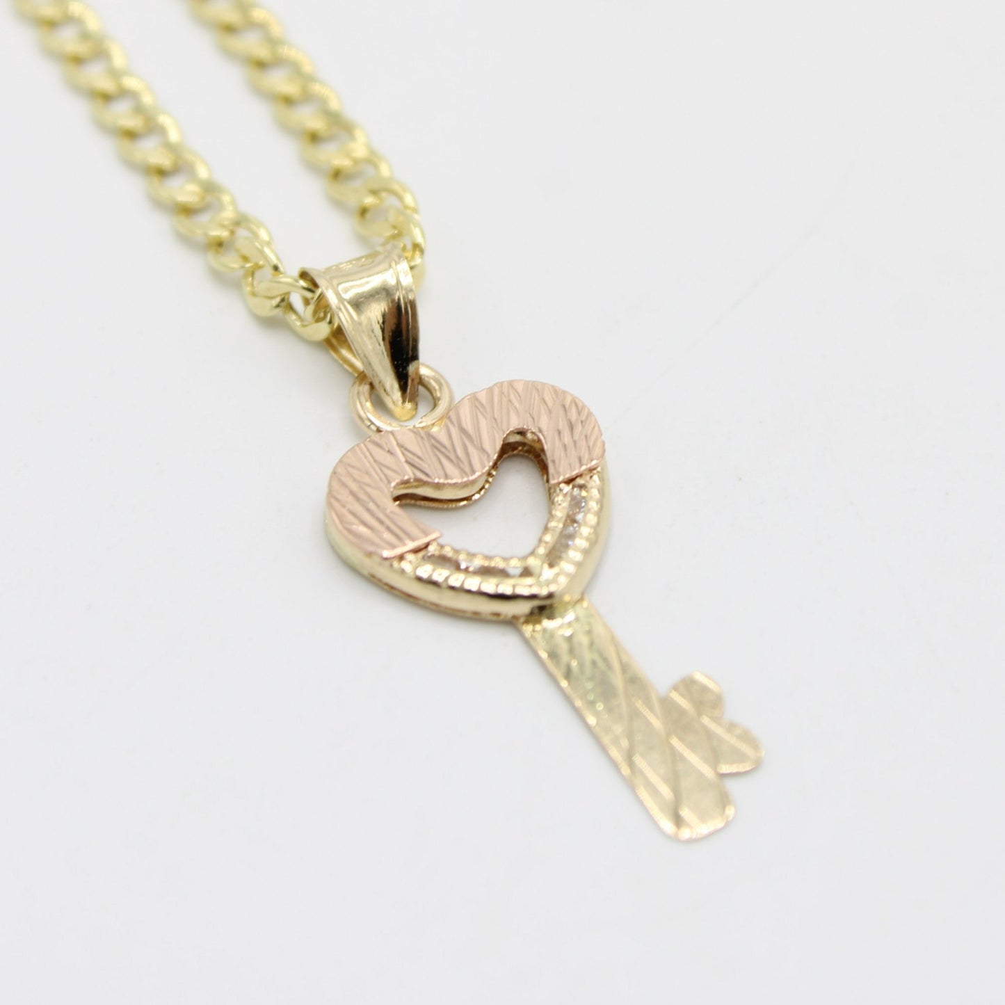 14K Key Pendant Two Tones with Cuban Chain Yellow Gold