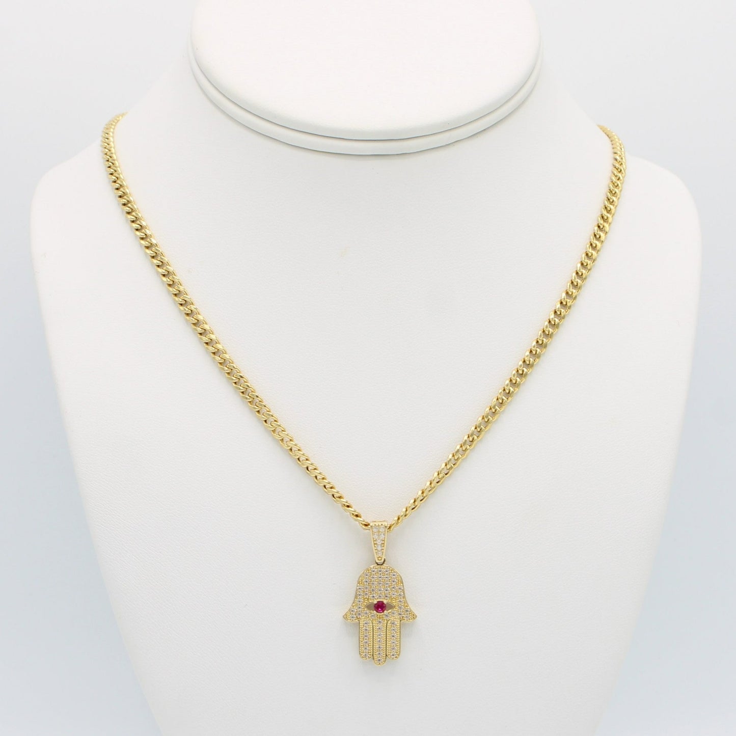 14K Hamsa Pendant Red Stone with Miami Cuban Chain  Yellow Gold
