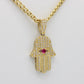 14K Hamsa Pendant Red Stone with Miami Cuban Chain  Yellow Gold