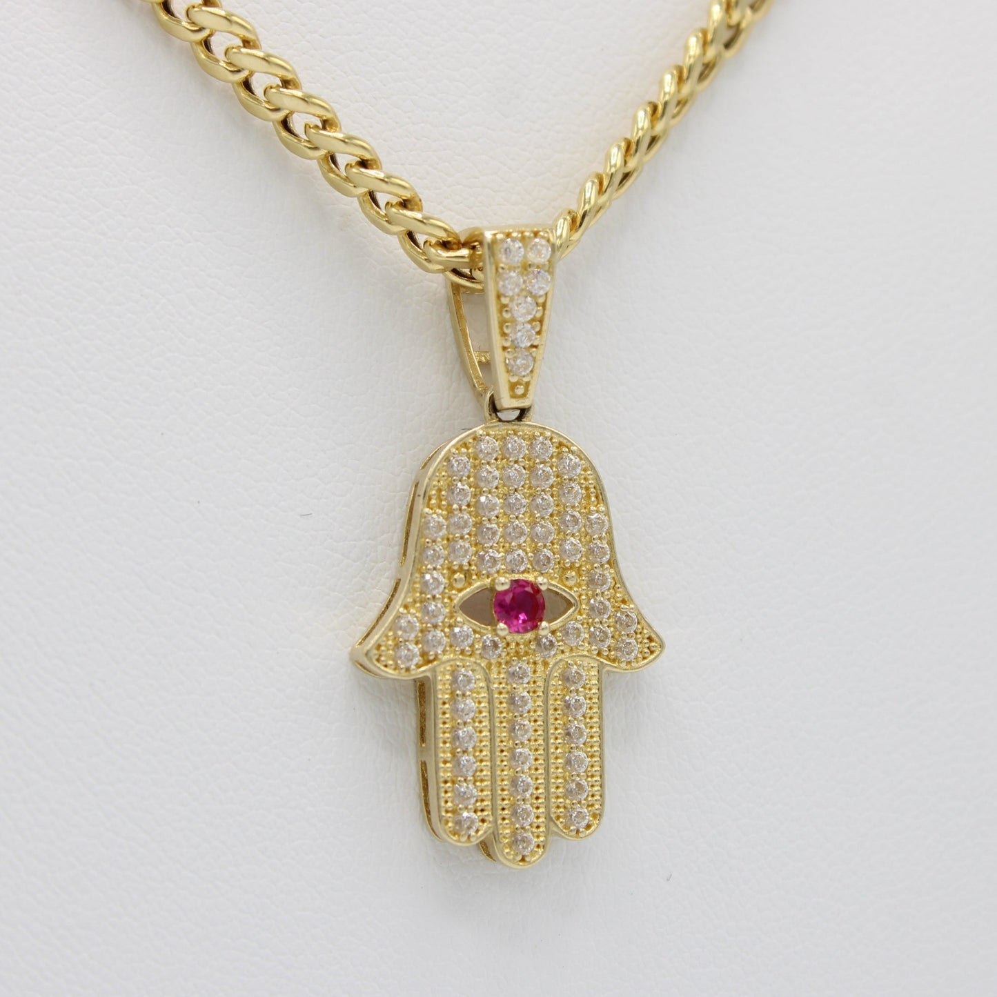 14K Hamsa Pendant Red Stone with Miami Cuban Chain  Yellow Gold