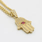 14K Hamsa Pendant Red Stone with Miami Cuban Chain  Yellow Gold