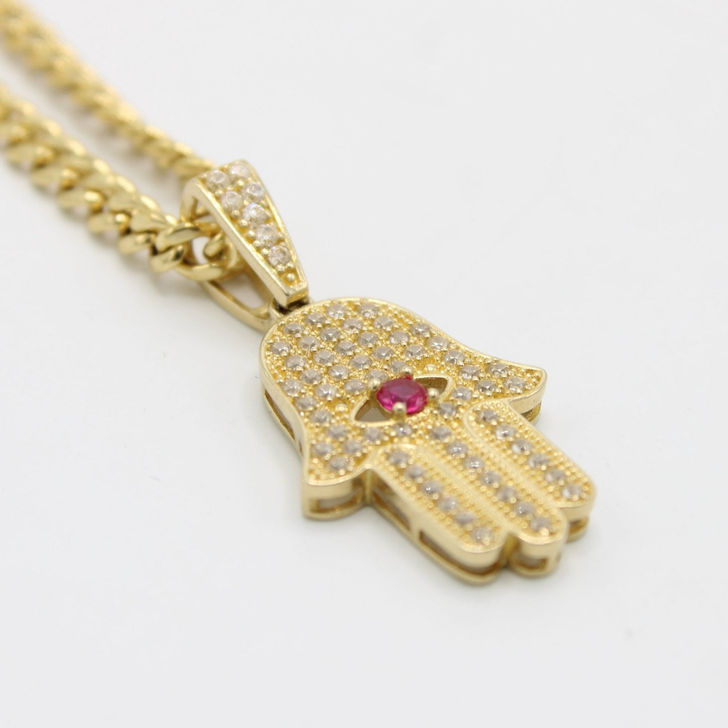 14K Hamsa Pendant Red Stone with Miami Cuban Chain  Yellow Gold