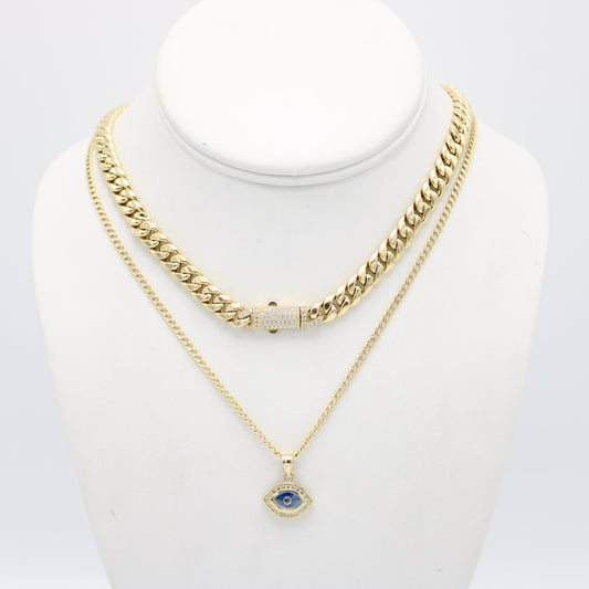 14k Hollow Choker With Turkey Eye Pendant With Cuban Chain Two Tones Yellow Gold