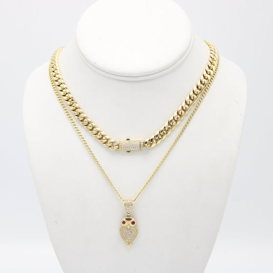 14k Hollow Choker With Owl Pendant With Cuban Chain Two Tones Yellow Gold