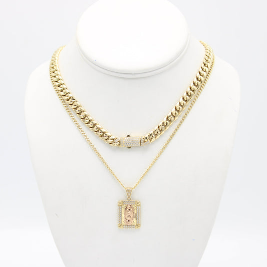 14k Hollow Choker With Virgen Guadalupe Pendant With Cuban Chain Two Tones Yellow Gold
