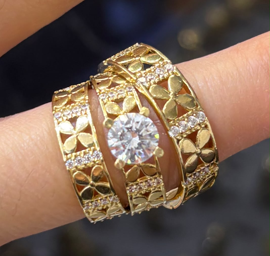 14K Trio Wedding Cz Stones Yellow Yellow