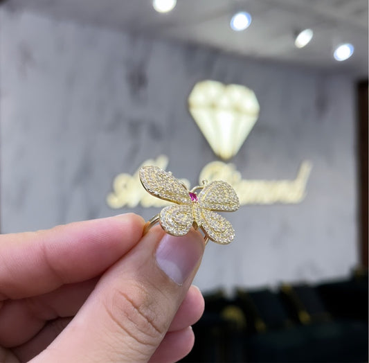 14K Butterfly Women's Ring Cz StonesTwo Tones Yellow Gold