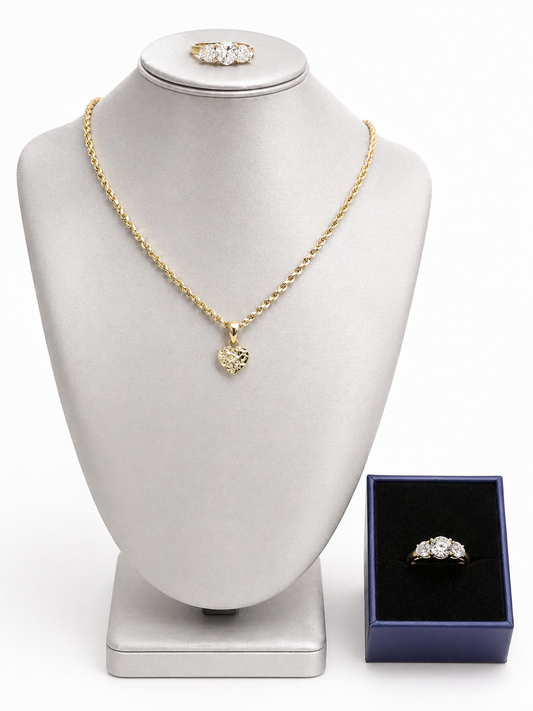 14K Heart Pendant Cz Stones With Rope Chain Yellow Gold