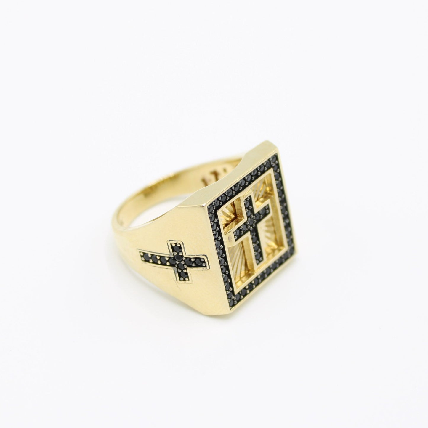 14K Cross Black Gems Men's Ring Yellow Gold