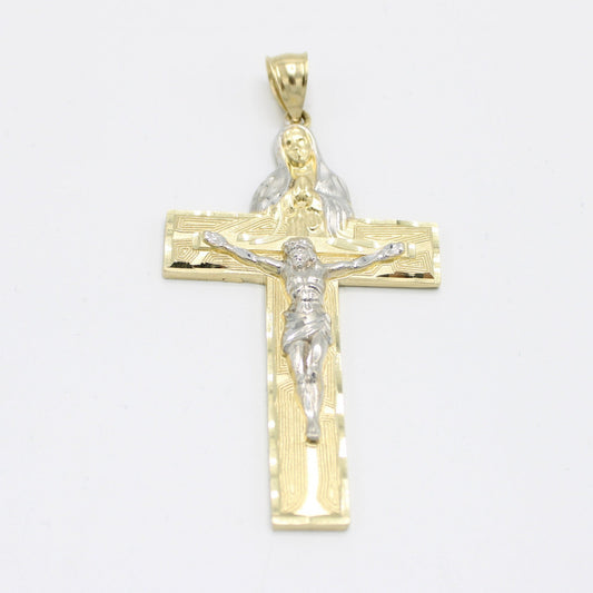 14K Jesus Christ Cross with The Virgen Maria on the top Pendant (Yellow and white Gold)