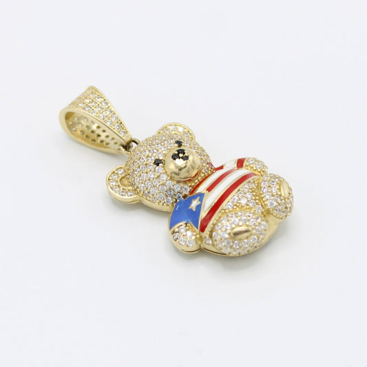 14K Teddy Bear with Puerto Rico Flag Cz Stones Yellow Gold